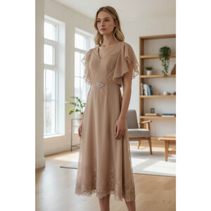 Beige Flutter-Sleeve Gown – Size 2, New with Tags